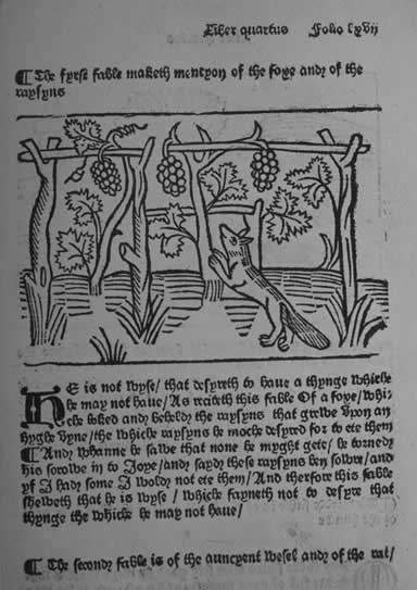 The Fox and the Grapes, woodcut from William Caxton's 1484 edition of Aesop
